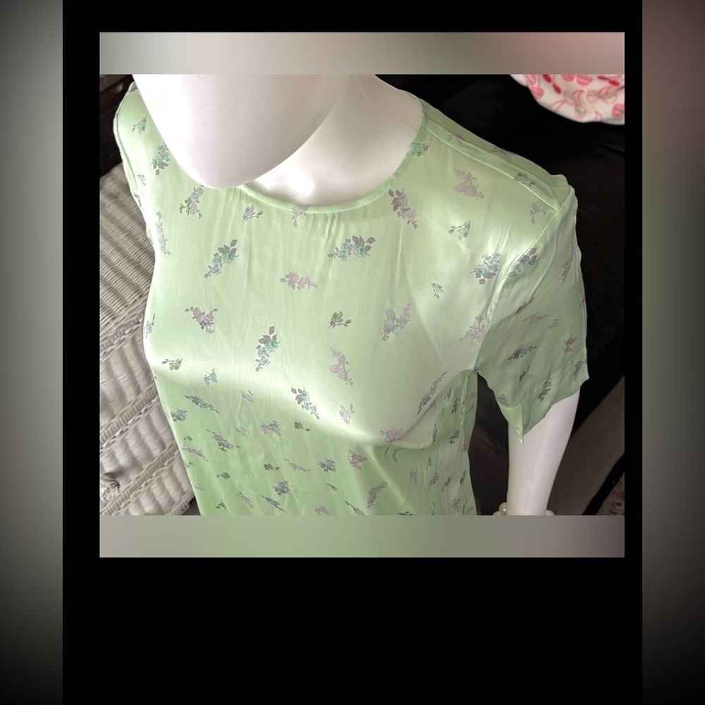 GANNI Mint Green Silk Floral Maxi T Shirt Dress Adjustable Leg Slit Zipper Sz. 6 - Picture 3 of 12